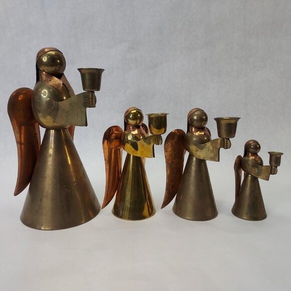 D.H.Holmes Angel Nun Candleholders Copper Brass Christmas Candle Set 4 MCM VTG - Picture 1 of 16